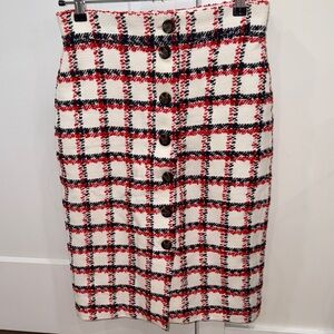 Ann Taylor White Tweed Pencil Skirt with Red & Navy Windowpane
